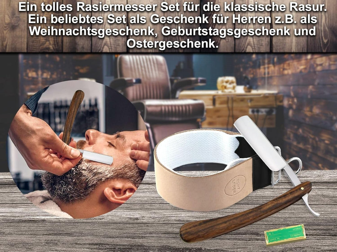 Rasiermesser Set mit Paste aus Solingen und Profi Streichriemen und Holzgriff Rasiermesser 5/8 Zoll