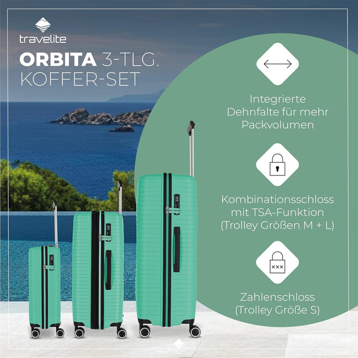 Travelite Hartschalen Kofferset 3teilig, 4 Rollen, ORBITA, Trolleys mit bruchsicherer Schale und pra
