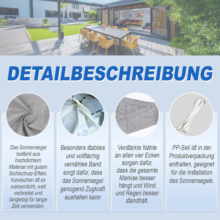 Sunnylaxx 3x5m Sonnensegel Rechteckig, Wasserdicht Sonnenschutz Sunsegel Color Grau, 95% UV-Schutz,f