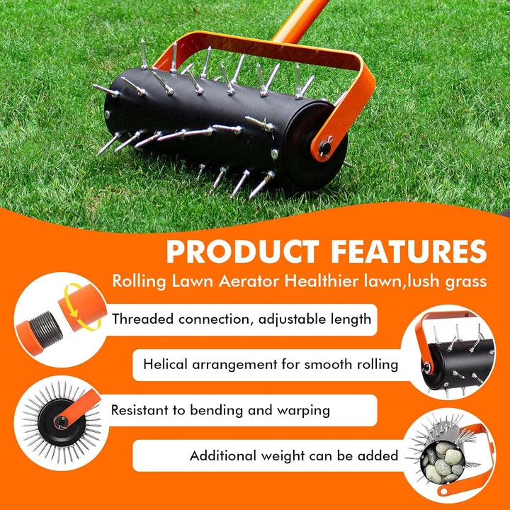 Rasenlüfter Walze, Rasenbelüfter Manuell, Handvertikutierer Rollend mit 42 Nägeln 5cm & Spritzschutz