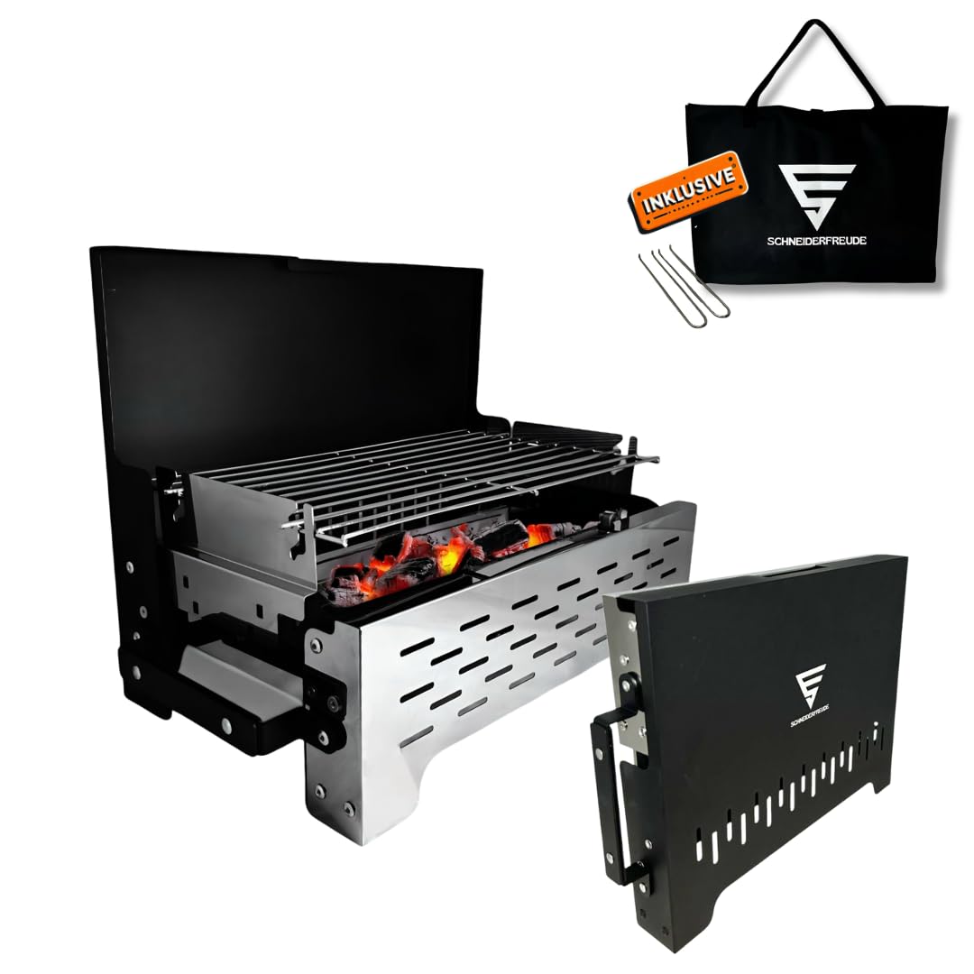 SCHNEIDERFREUDE Klappgrill 2.0: Höhenverstellbarer Camping-Grill mit Doppelfunktions-Zangen & Tasche