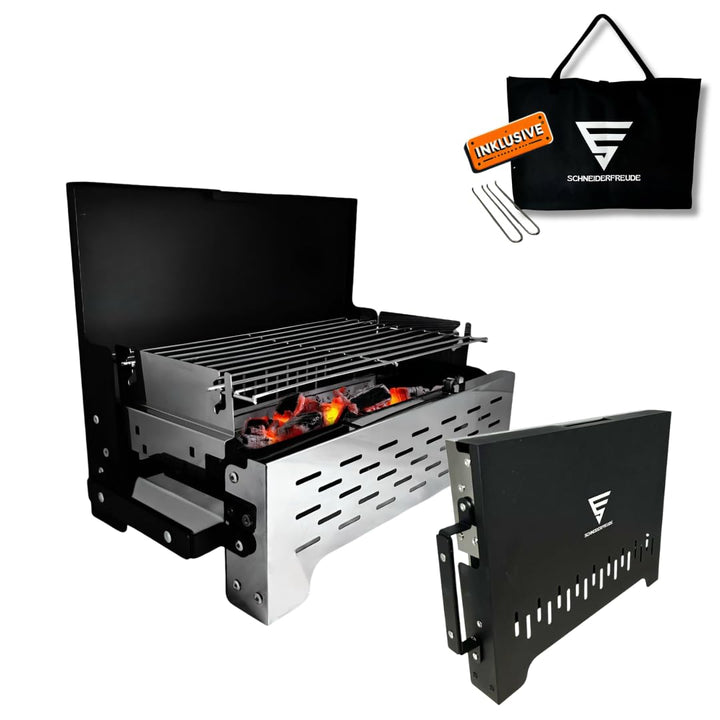 SCHNEIDERFREUDE Klappgrill 2.0: Höhenverstellbarer Camping-Grill mit Doppelfunktions-Zangen & Tasche