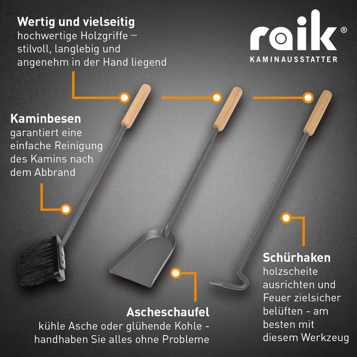 raik R1007 Raik Kaminbesteck Gustav, 3-teilig, Anthrazit, Holzgriffe,