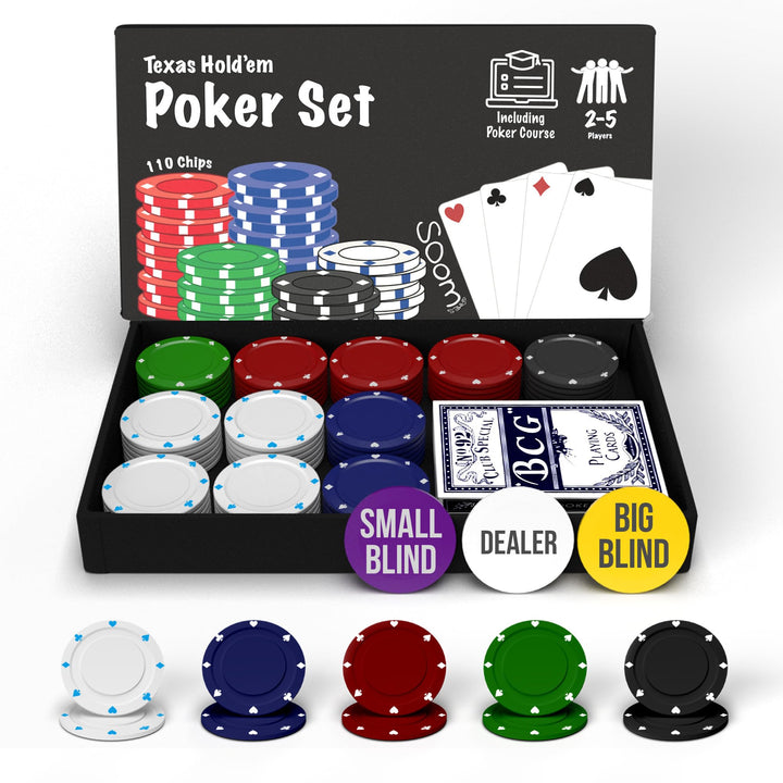 Pokerset in kompakter Grösse mit 110 Chips, Dealer Button, Big & Small Blind Buttons und Spielkarten