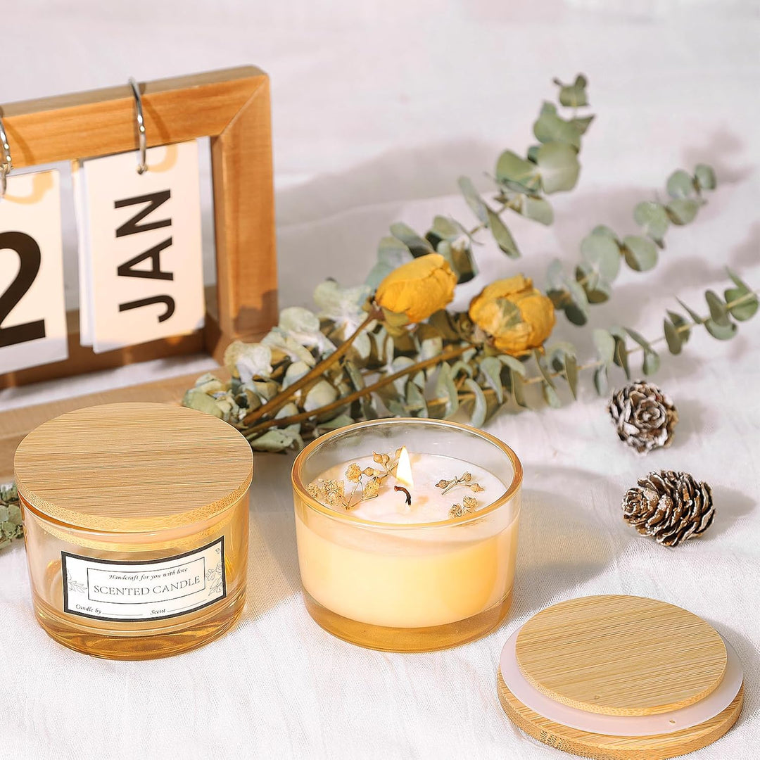 CONNOO 15 Stück 120 ml Amberfarbene Kerzengläser mit luftdichten Bambusdeckeln zum Kerzenmachen, wei