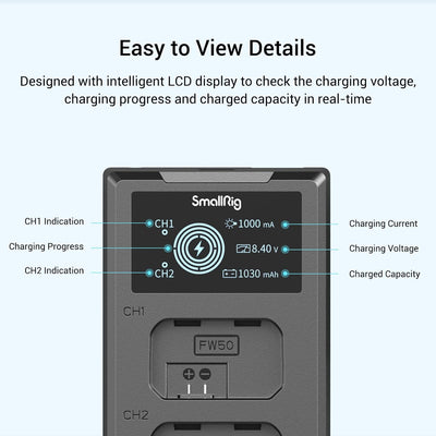 SMALLRIG NP-FW50 Ersatzbatterien (2 Stück) & LCD Display Ladegerät Set, Wiederaufladbarer Akku für S