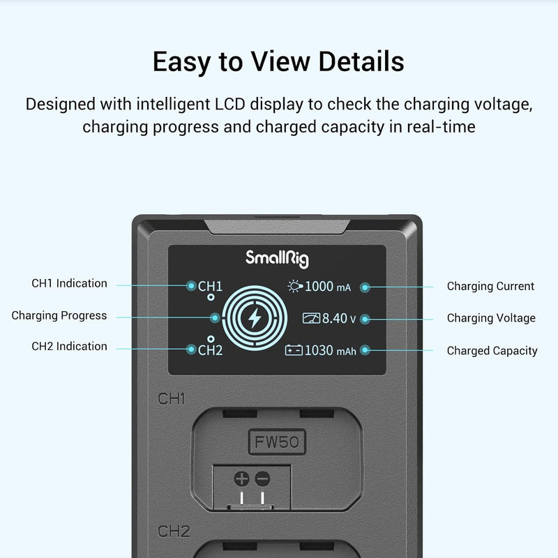 SMALLRIG NP-FW50 Ersatzbatterien (2 Stück) & LCD Display Ladegerät Set, Wiederaufladbarer Akku für S