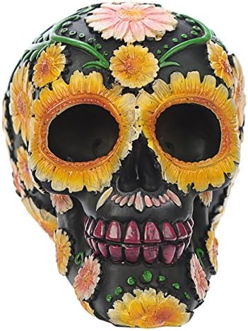 Puckator Day of The Dead Totenkopf mit Blumenmuster, Polyresin, Gelb/Grün/Pink/Schwarz, 15 x 10,5 x