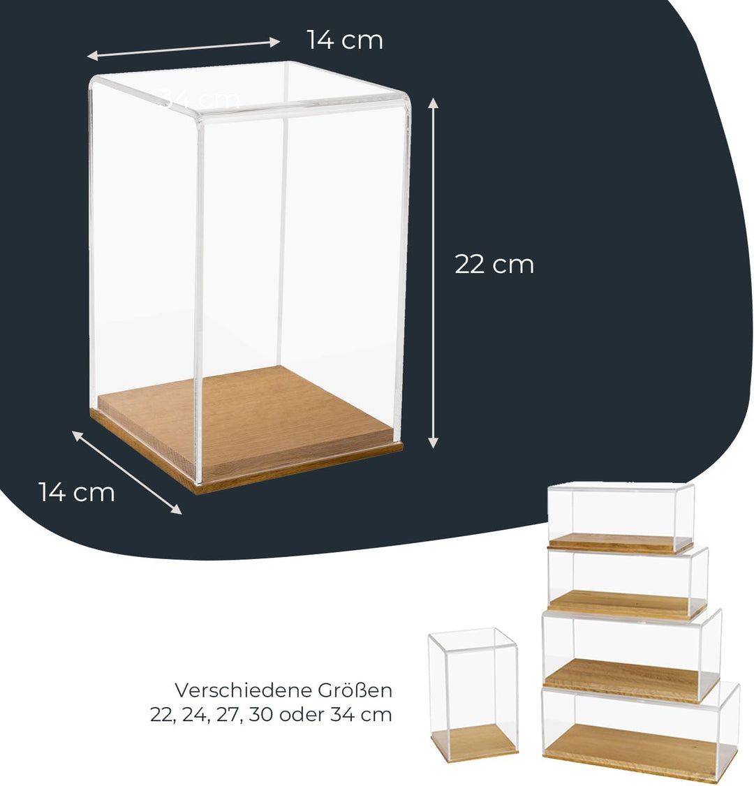 HMF 46881 Acryl Vitrine / Schaukasten mit Holzsockel für Figuren | 14 x 14 x 22 cm | Transparent 22