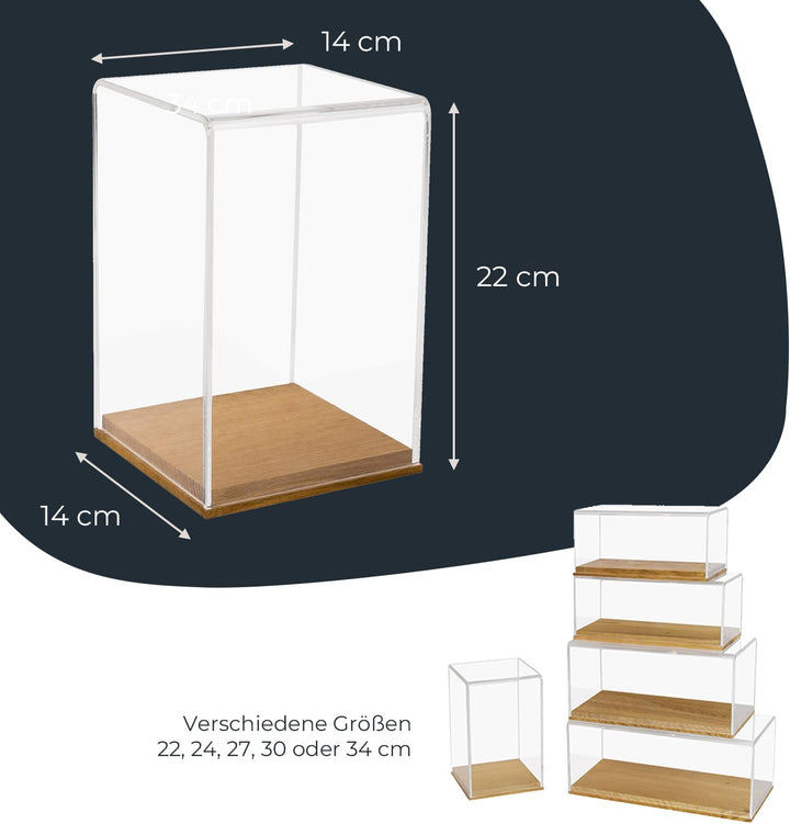 HMF 46881 Acryl Vitrine / Schaukasten mit Holzsockel für Figuren | 14 x 14 x 22 cm | Transparent 22