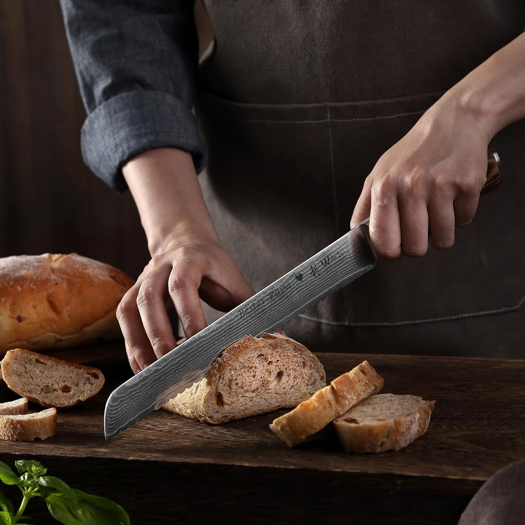 Wakoli EDIB Damast Brotmesser mit Gravur – Personalisiertes Brotmesser, 23cm Wellenschliff-Klinge au