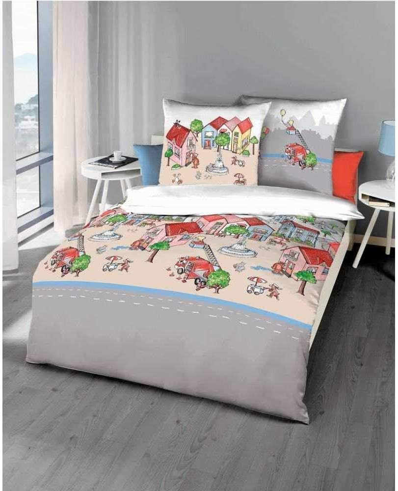 Kaeppel Kinder-Bettwäsche Stadtleben Feinbiber rot-beige Grösse 135x200 cm (80x80 cm) 135x200 cm + 8