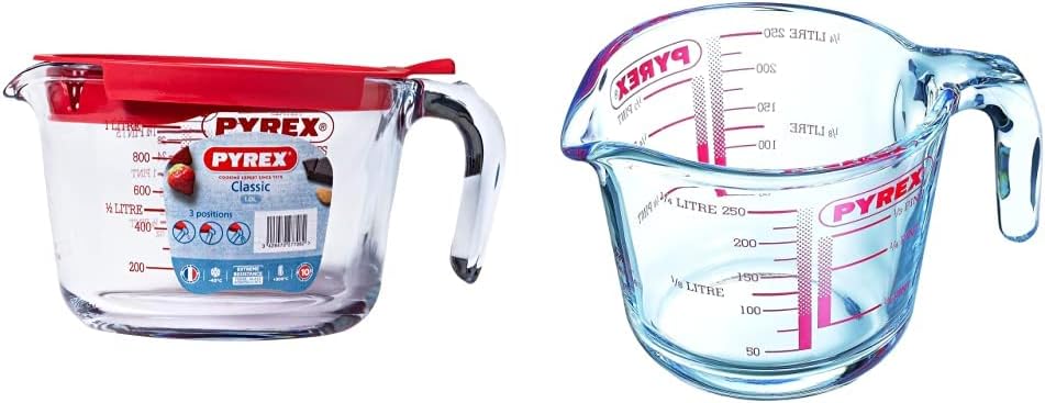 Messbecher 1l mit Deckel & Classic Ultrabeständiger Messbecher aus Glas, Transparent, 0,25 l Bundle