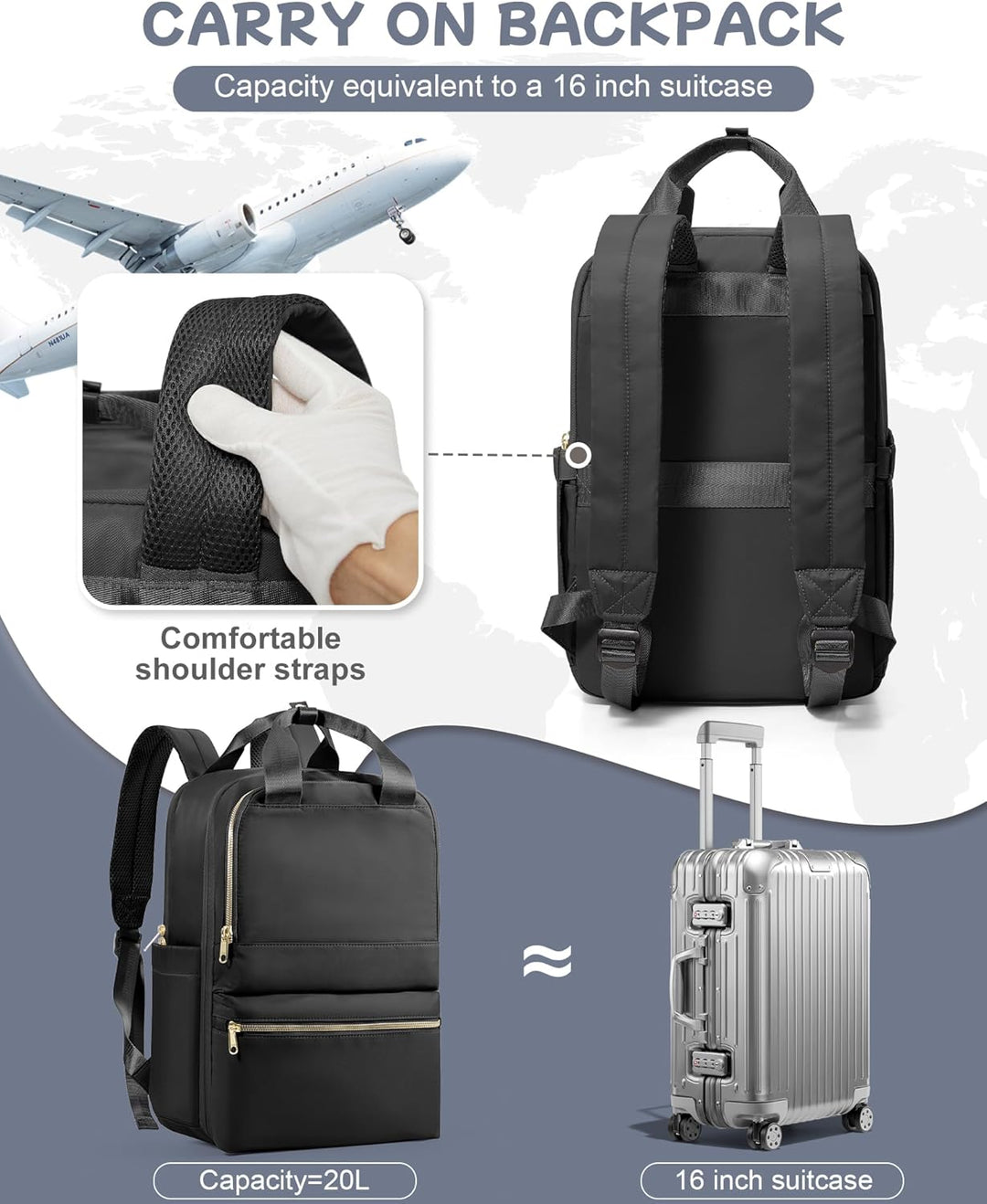 Reiserucksack Schwarz Damen Ryanair Handgepäck 40x20x25 Rucksack Handgepäck Flugzeug Rucksack 40x20x