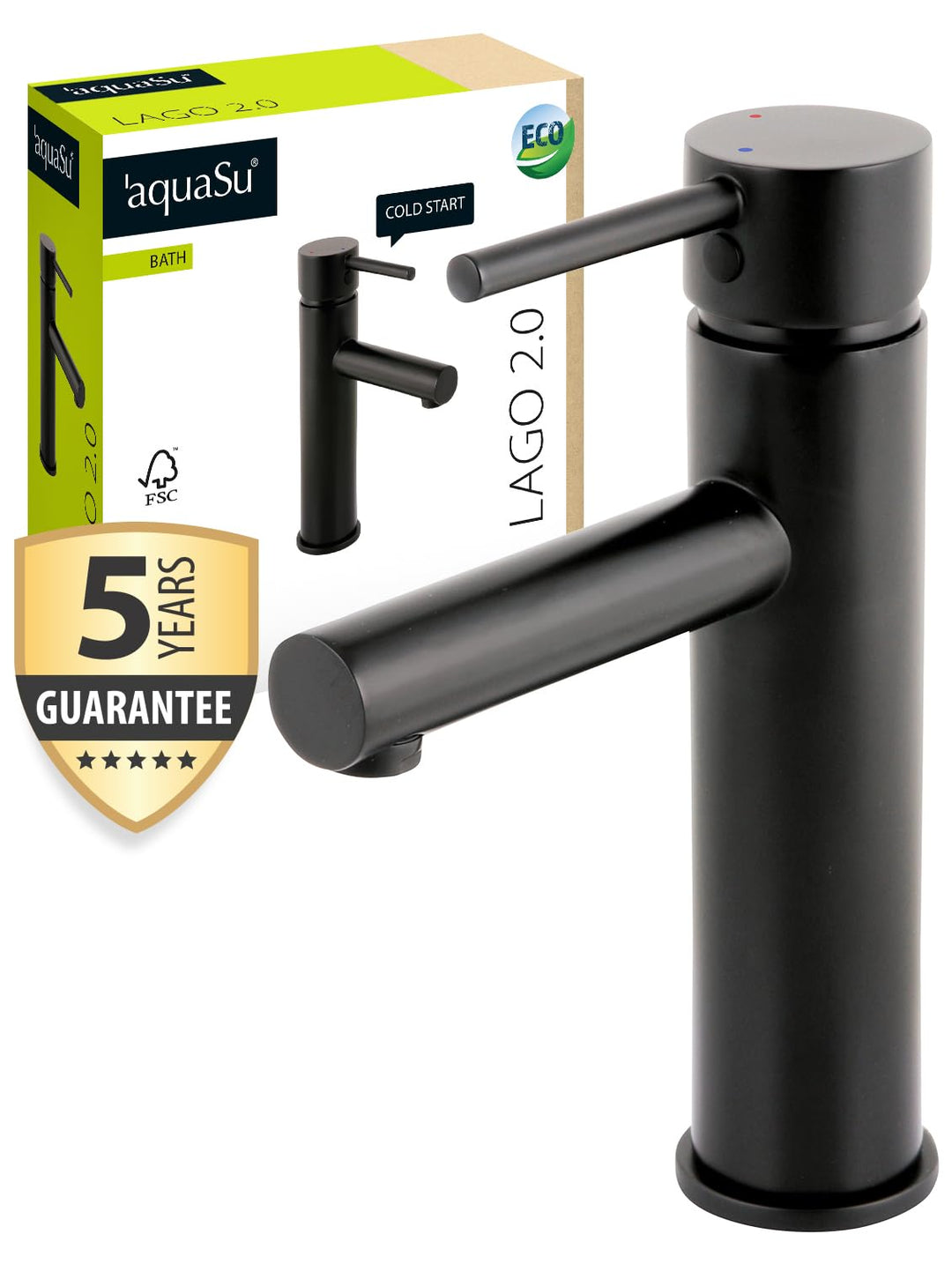 aquaSu® Waschbeckenarmatur Schwarz mit Pop-Up-Ventil 1 1/4" – Waschtischarmatur hoch, Badarmatur, Ei