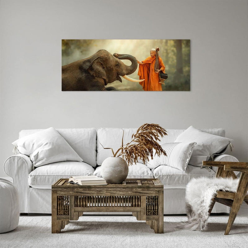 Panorama Bilder auf Leinwand 100x40cm Leinwandbild Elefant Mönch Stosszahn Gross Wanddeko Bild Schla