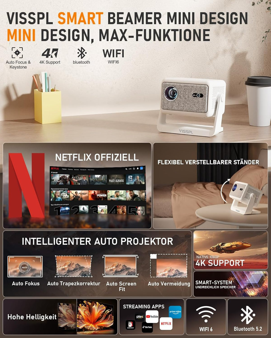 Smart Mini Beamer【Netflix Offiziell ＆ Autofokus / 6D Trapezkorrektur 】 27000L WiFi6 Bluetooth Beamer