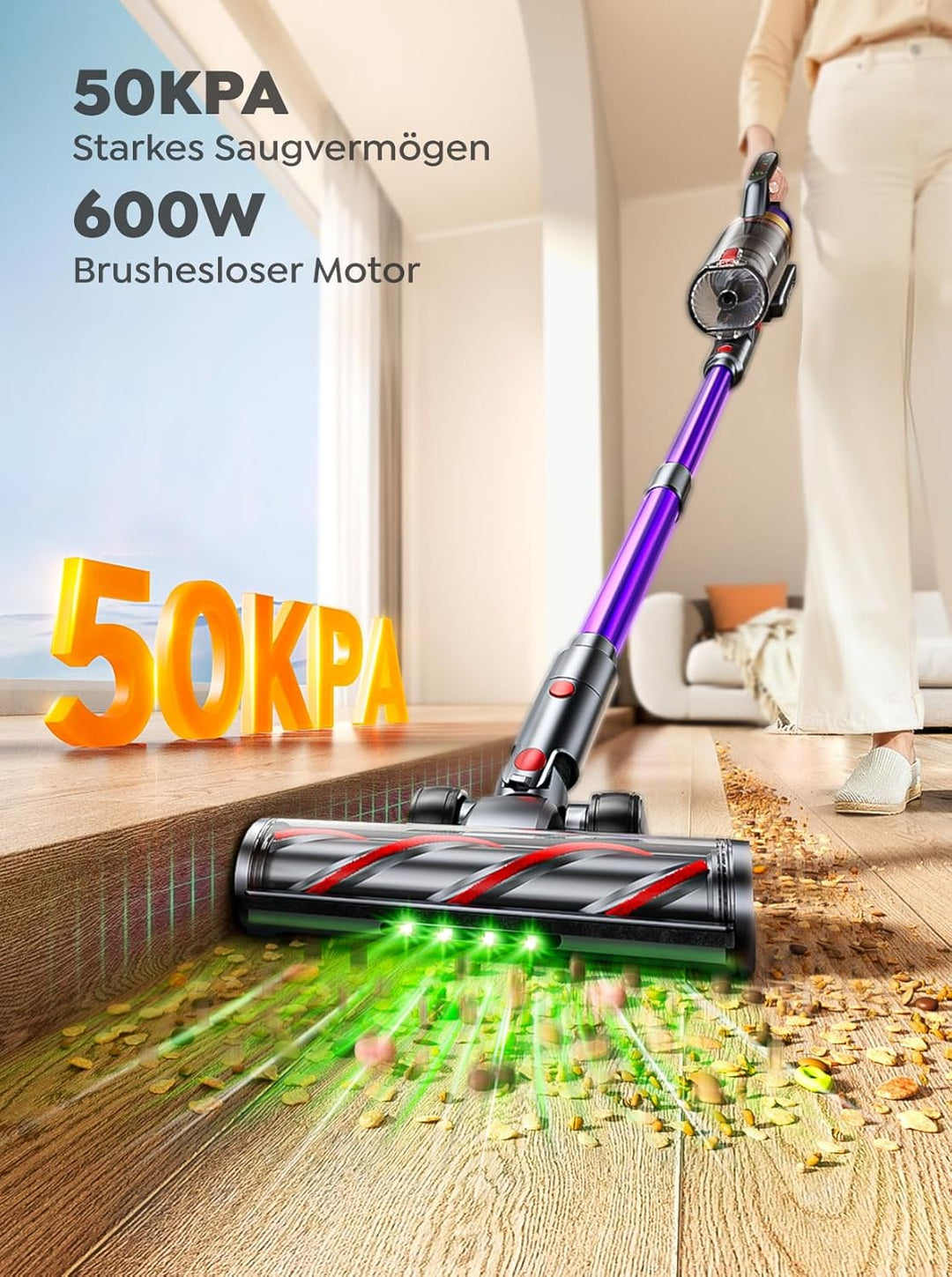Akku Staubsauger,50KPa/600W/65Min Staubsauger Kabellos mit wandmontierbarer Ladestation,Grünlicht-Au