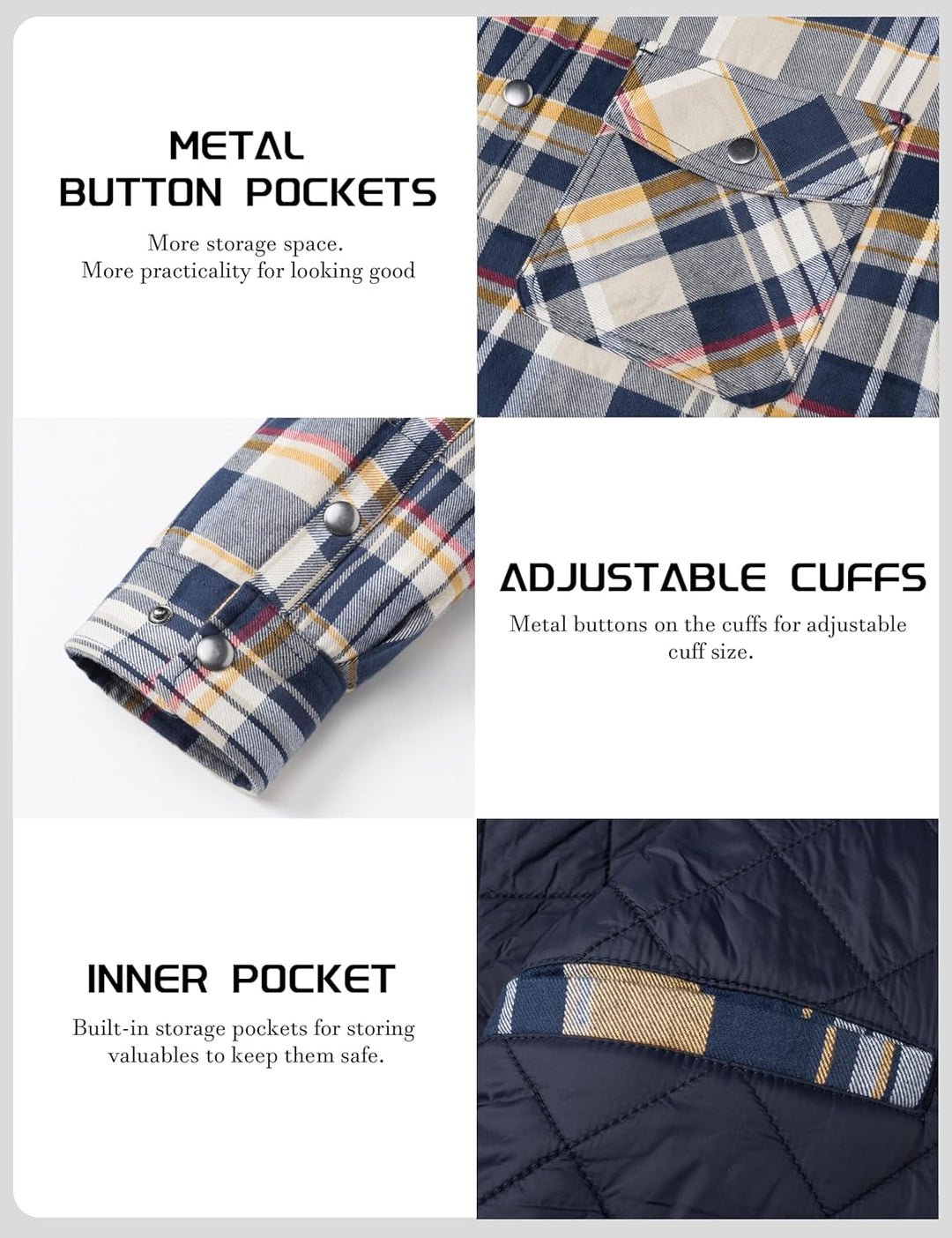 TACVASEN Herren Karierte Hemdjacke Flanellhemd Holzfällerhemd Thermohemd Jacke L Gelb, L Gelb