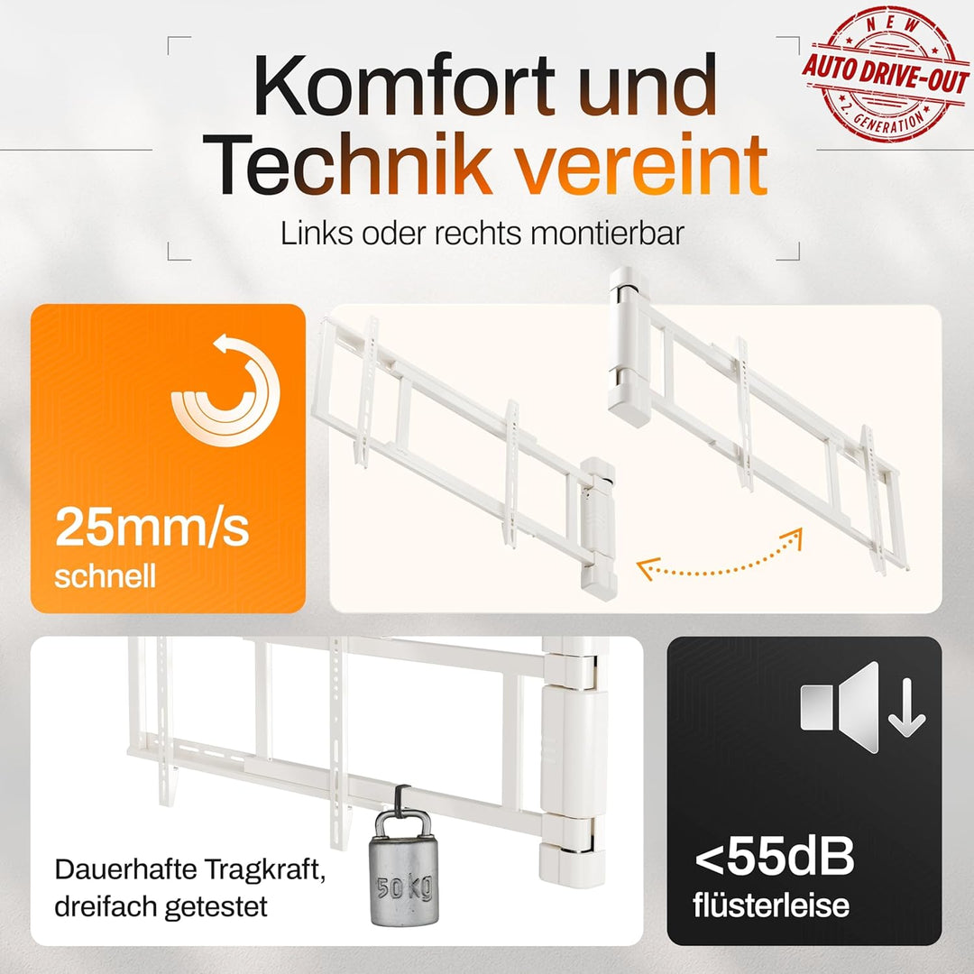EasyLife – Elektrische, Schwenkbare TV-Wandhalterung mit Auto-Drive-Out, Ultraschlank 56mm, leiser M