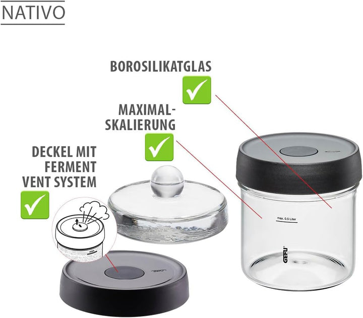 GEFU Set: Fermentierglas NATIVO, 0,5 l + Küchenzange und Stössel NATIVO 0,5 Liter (mit Stössel und Z