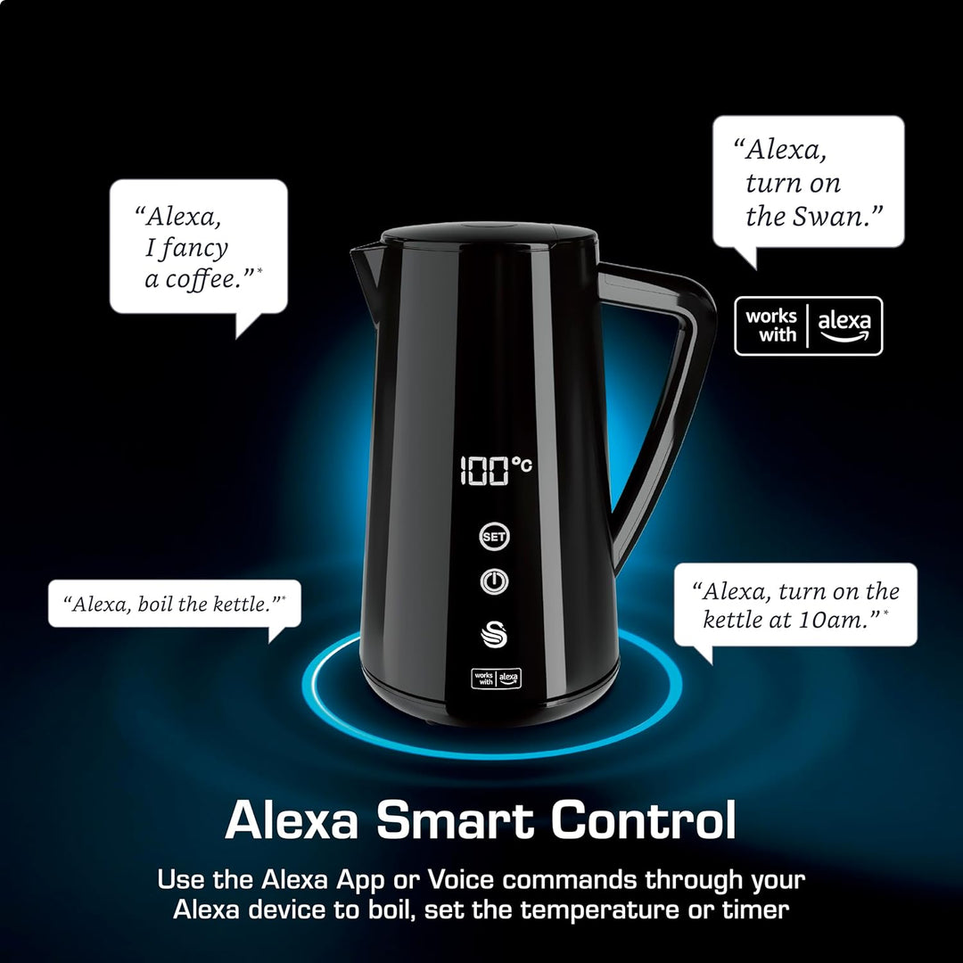 Swan Alexa Elektrisch Wasserkocher WIFI Smart Kettle 1,5L, Kabellos, LED-Touchscreen, Warmhaltefunkt