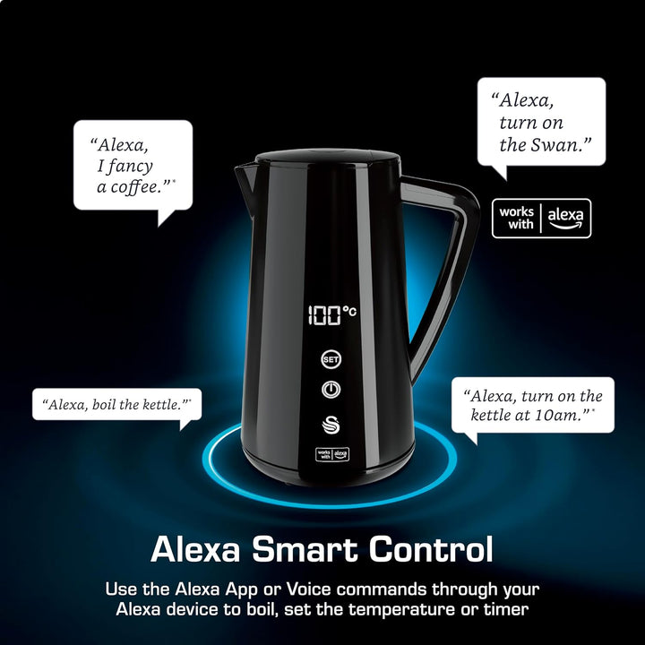 Swan Alexa Elektrisch Wasserkocher WIFI Smart Kettle 1,5L, Kabellos, LED-Touchscreen, Warmhaltefunkt