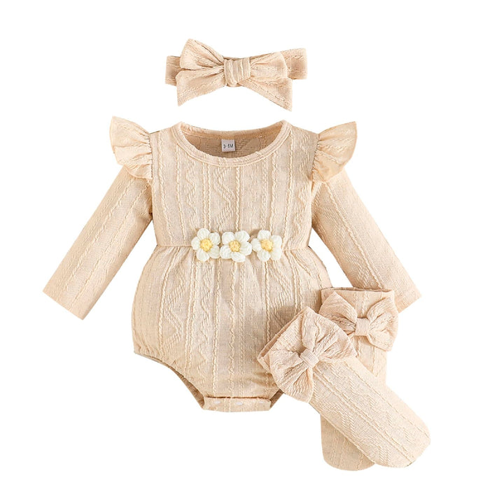 Kunyeah 3Pcs Baby Mädchen Outfits Kleinkind Ruffle Strampler Langarm Bodysuit+Bow Haarband+Socken Ne