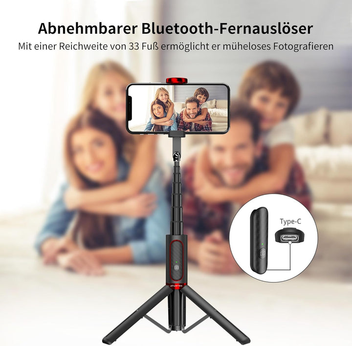 ATUMTEK Selfie Stick Stativ, 3-in-1 Ausziehbares Aluminium Handy Stativ mit kabelloser Bluetooth-Fer