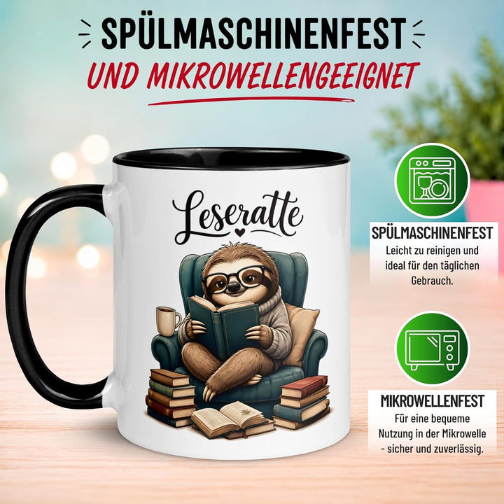Faultier Tasse | Faultier mit Buch im Sessel | Lustiger Geschenk Becher für Leseratten und Bücherwur
