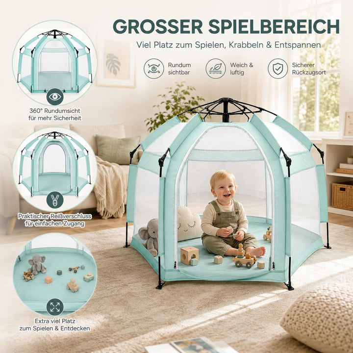 Spielzelt Pop Up mit Sonnendach, 360° Mesh &amp; Tragetasche，Mintgrün, Mintgrün