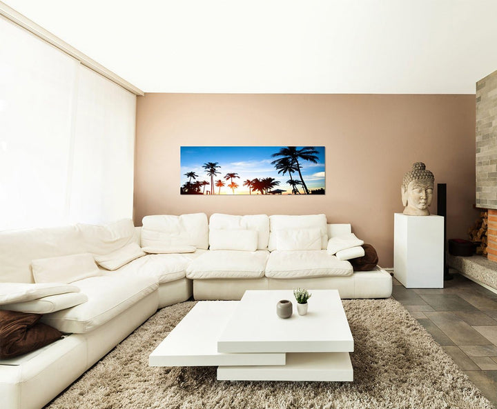 Panoramabild auf Leinwand und Keilrahmen 150x50cm Tropen Wasser Palmen Sonnenuntergang