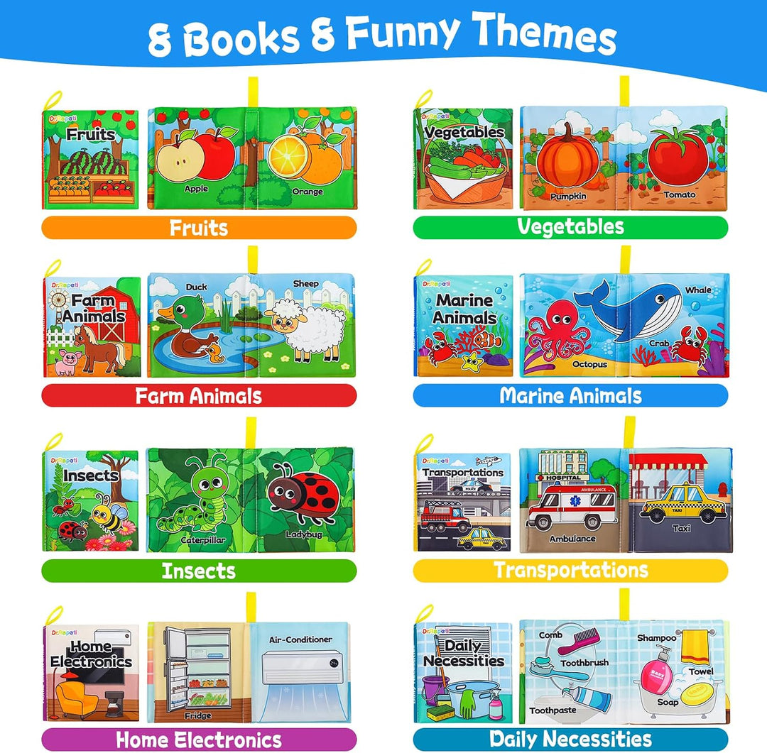 Dr.Rapeti 8 Stück Stoffbuch für Babys, Baby Soft Tuchbuch, Baby Pädagogisches Spielzeug, Vorschulspi