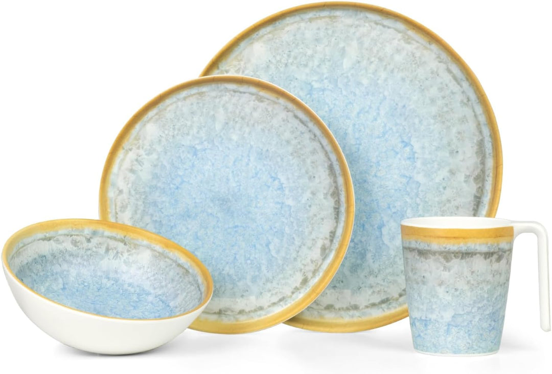 Melamin Camping Geschirr Set 4 Personen Crystal Blue + 16 Timo Gläser Wassergläser Weingläser Champa