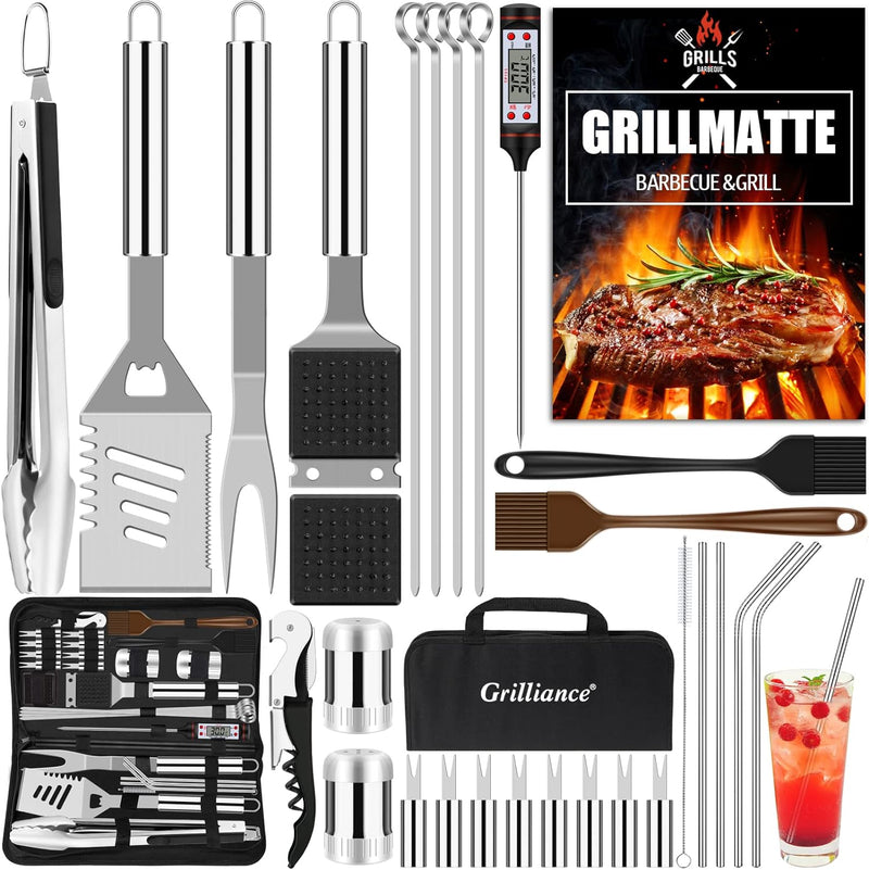 Grilliance BBQ Grillbesteck Set 30 Grillzubehör aus Hochwertiger Edelstahl Grillzange Grillspachtel