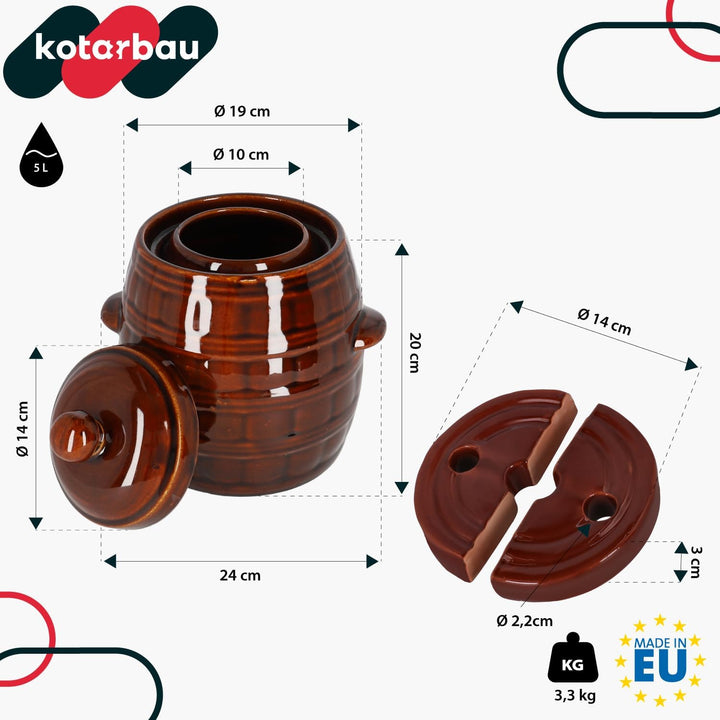 KOTARBAU® Gärtopf 5 L Steinguttopf mit Deckel und Beschwerungsstein Hermetisch Sauerkrauttopf Gurken