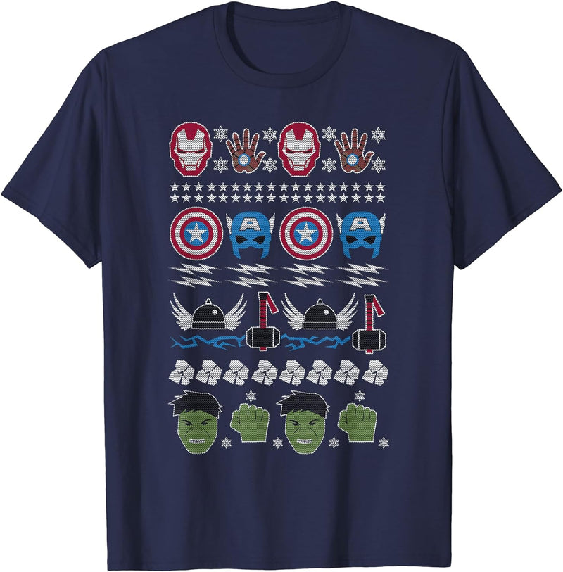 Womens Marvel The Avengers Ugly Christmas Sweater Graphic T-Shirt Small Navy