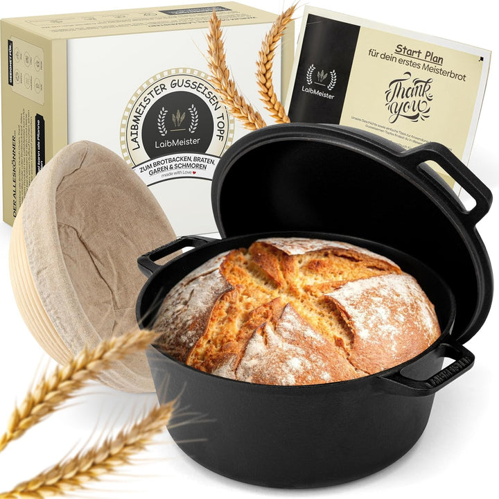 LaibMeister - Brotbacktopf aus Gusseisen mit Deckel. Einsetzbar als Bräter, Dutch Oven, Topf, Grillp