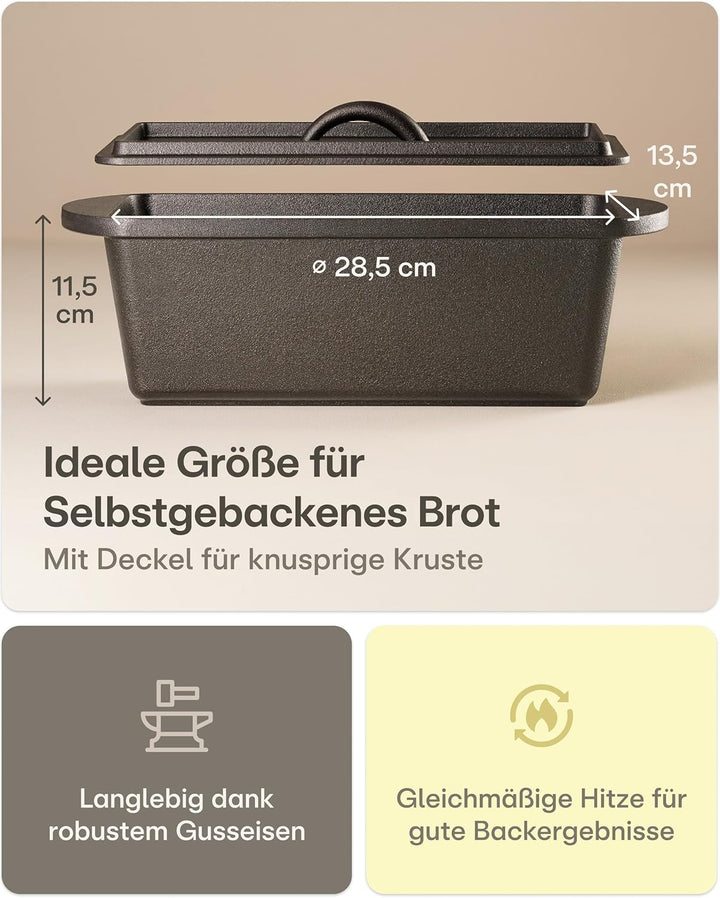 Praknu Gusseisen Topf für Brot Backen Set - 28cm Brotbacktopf mit Gärkorb und Brotbeutel – Bräter mi