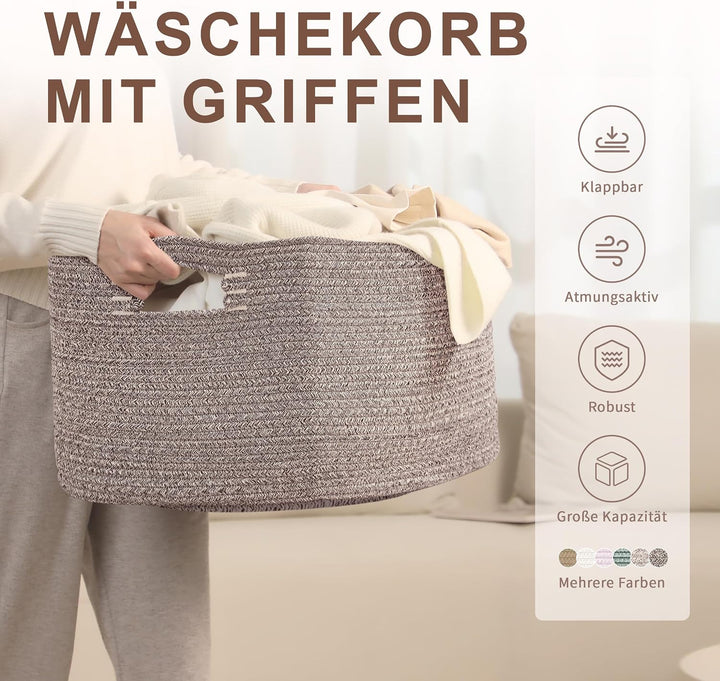 86L grosser Wäschekorb geflochten mit Henkeln, Efeugrün | Aufbewahrungskorb aus Baumwollseil für Dec