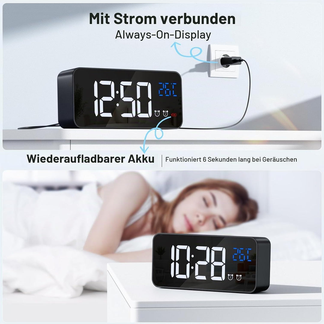 Wecker Digital, LED Digitaluhr mit Temperaturanzeige Tragbarer Spiegelalarm Tischuhr mit 2 Alarmen 1