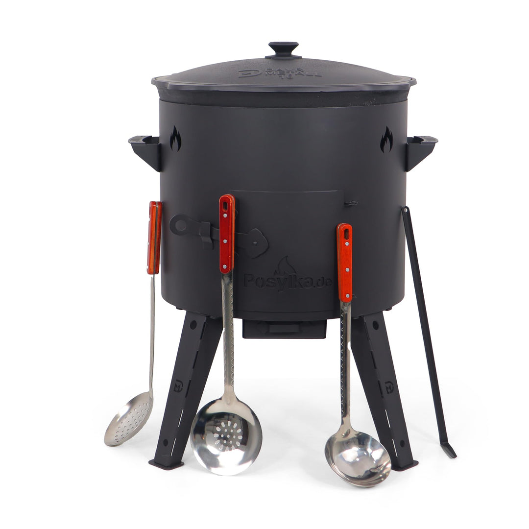 Utschak Feuerofen Ø 44cm mit Usbekisch Kazan Gusseisen 16L | 3x Schaumlöffel | Kasan-Set Flacher Bod