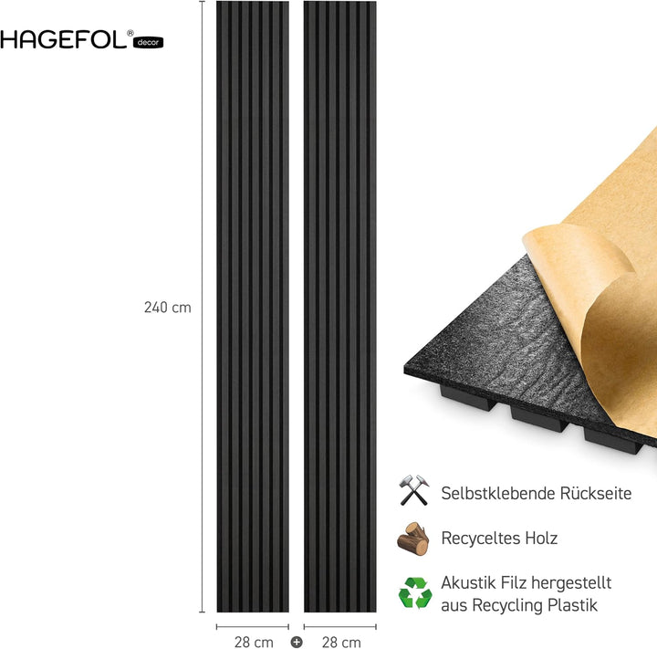 HAGEFOL® Akustikpaneele selbstklebend EasyFix, 240x56cm, Farbe: Schwarz Holz, Lamellen Wandpaneele f