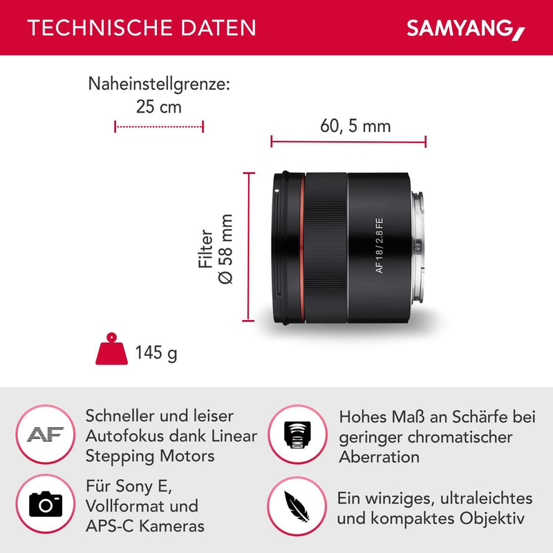 Samyang AF 18 mm F2.8 FE (Tiny but Super Wide) – Autofokus Vollformat und APS-C Festbrennweite Objek