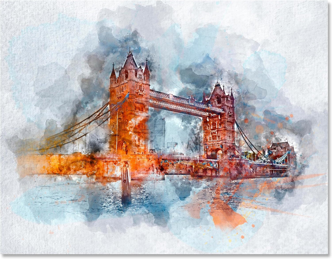 wandmotiv24 Leinwandbild Malerei, 80x60cm, Querformat, London, Tower Bridge, Deko, Bilder auf Leinwa