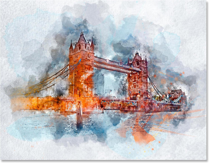 wandmotiv24 Leinwandbild Malerei, 80x60cm, Querformat, London, Tower Bridge, Deko, Bilder auf Leinwa