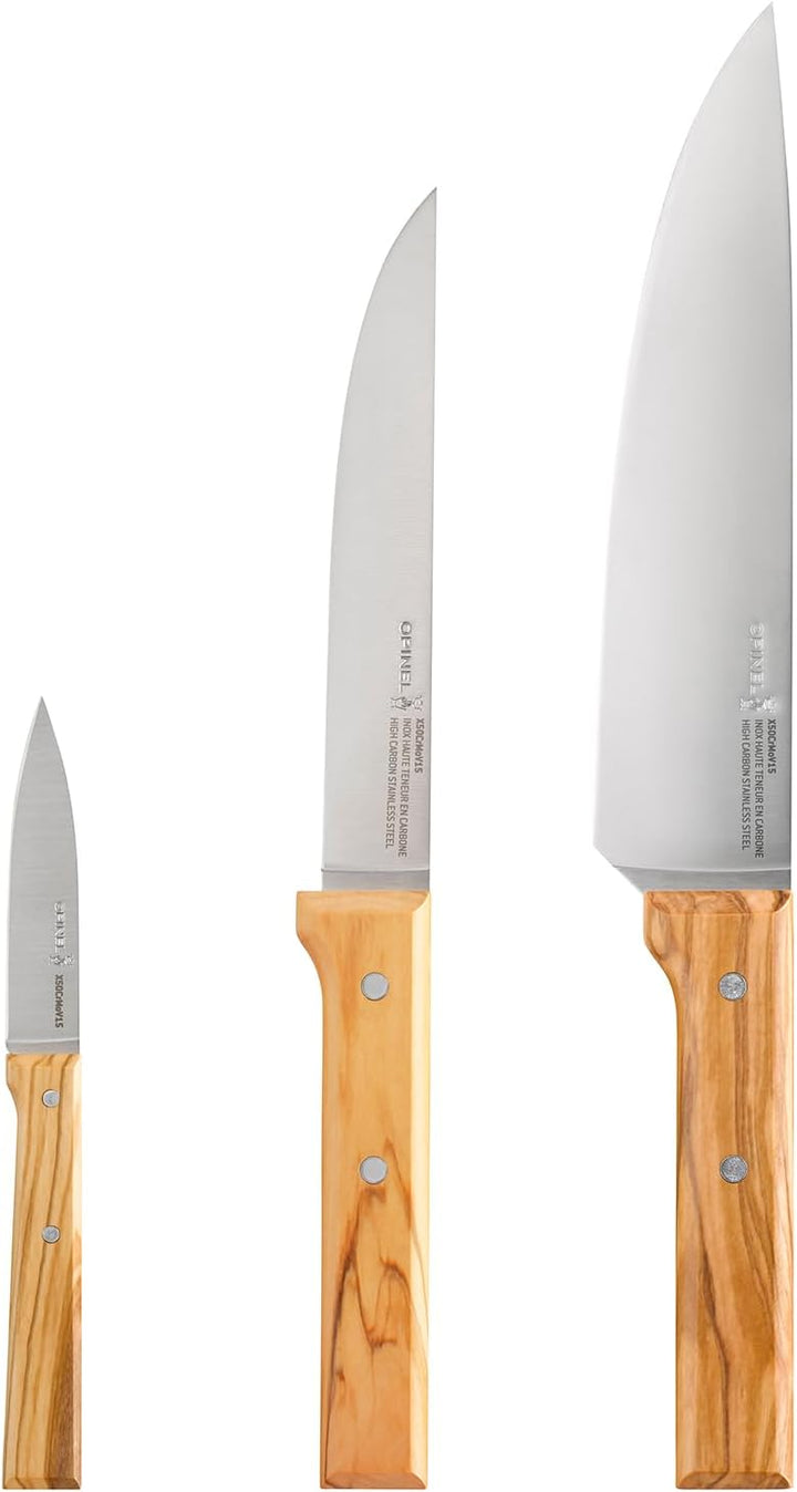 Opinel Parallel Trio Olivier /2 Kochmesser Set aus 3 Chefmessern mit Edelstahlklinge und Buchenholzg