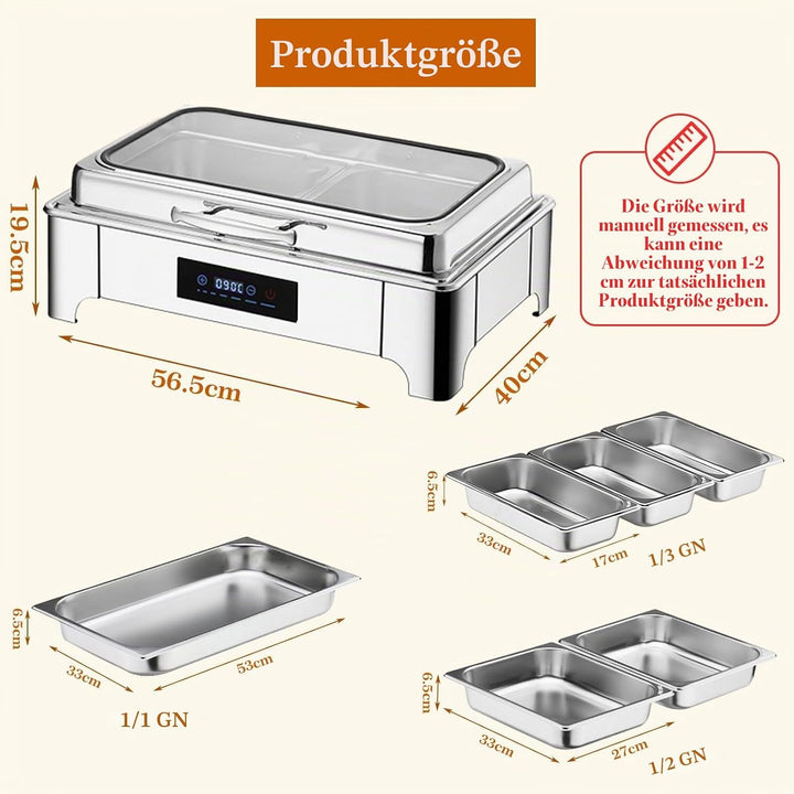 Chafing Dish Elektrisch, 9L Edelstahl Speisewärmer Buffetwärmer Einstellbare Temperatur, Warmhaltebe