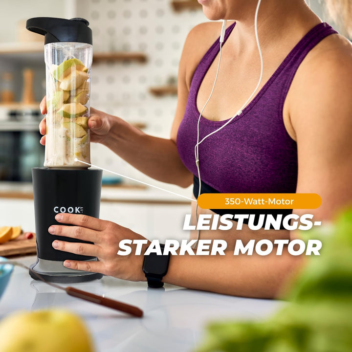 COOK-IT Smoothie Blender To Go – 350W Mixer mit 2x 600ml Trinkflaschen, 4 Edelstahlmesser, Mix & Go,