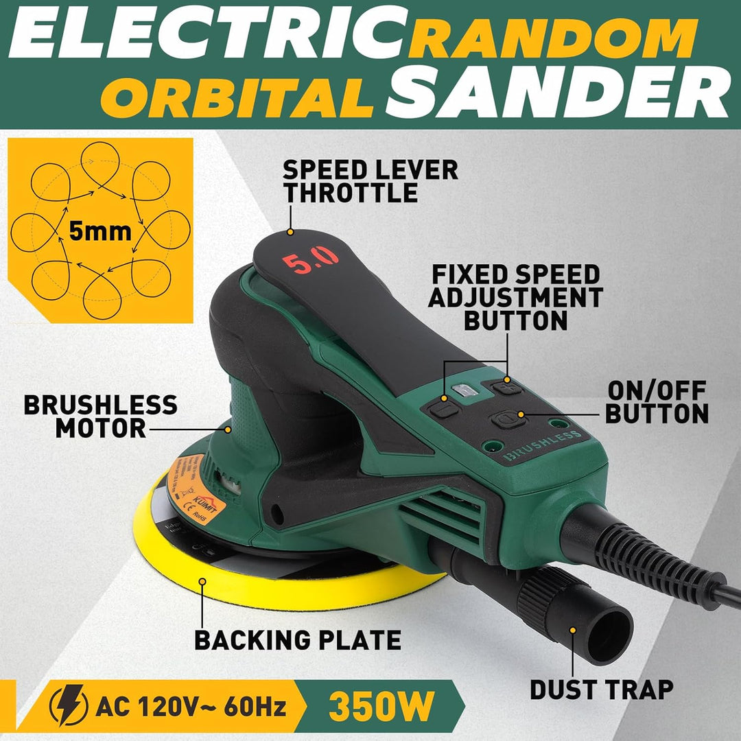 Bürstenloser Exzenterschleifer 350W, Vielseitiger Elektrischer Schleifer mit 125mm/150mm Schleiftell